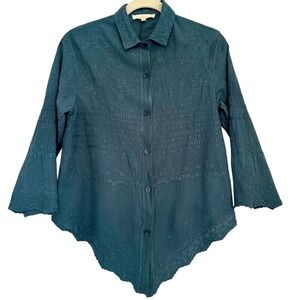 Solitaire Womens Teal Embroidered Eyelet Button Front Sharkbite Blouse M  Boho